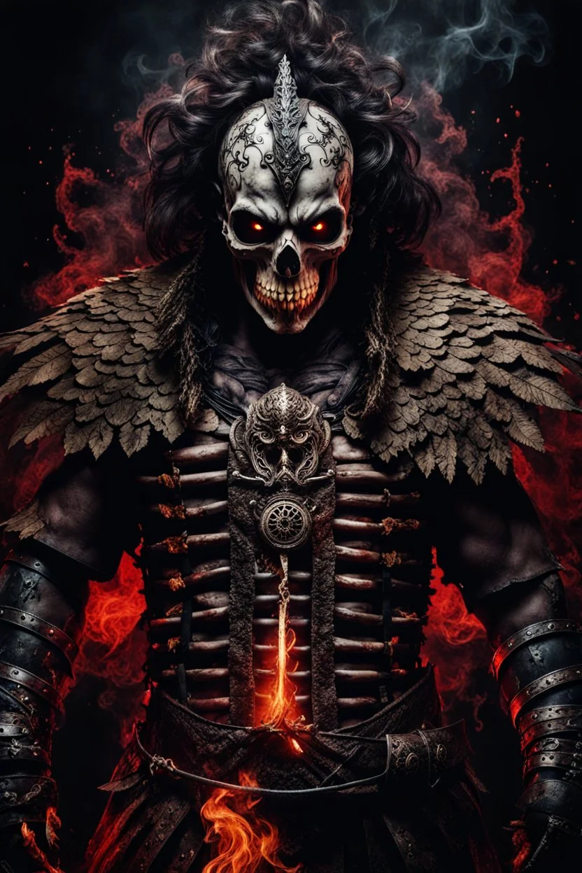 an insane warrior with his chest made of bones and eyes made of smoke. dark horror setting. terrifying horror backgrund. blood, guts, gore. visceral.