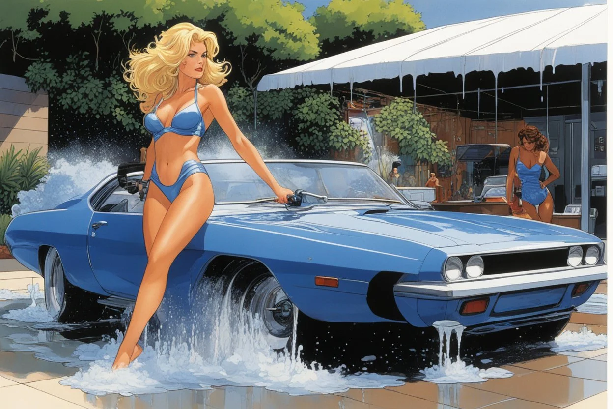 (in the style of Orion, by Masamune Shirow) a blonde woman in swimsuit washing one sport car in california "Carwash" (The Dick Emery Hour, 1980) The garden hose is coiled up, water and dish soap spread all over her