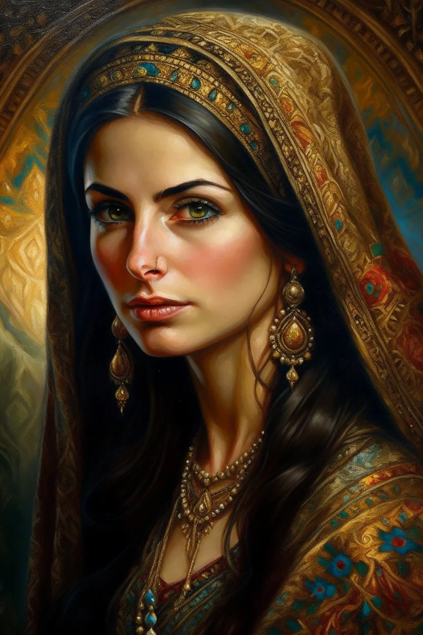 A stunningly radiant Persian woman, her face exudes timeless beauty and grace. Captured in a mesmerizing oil painting, every brushstroke delicately portrays her luminous complexion, enchanting brown eyes, and cascading raven-black hair. The artist's attention to detail brings out the intricate patterns of her traditional attire, adorned with vibrant colors and ornate gold embroidery. This exquisite portrait is a testament to the meticulous craftsmanship and expert artistry, transporting viewers