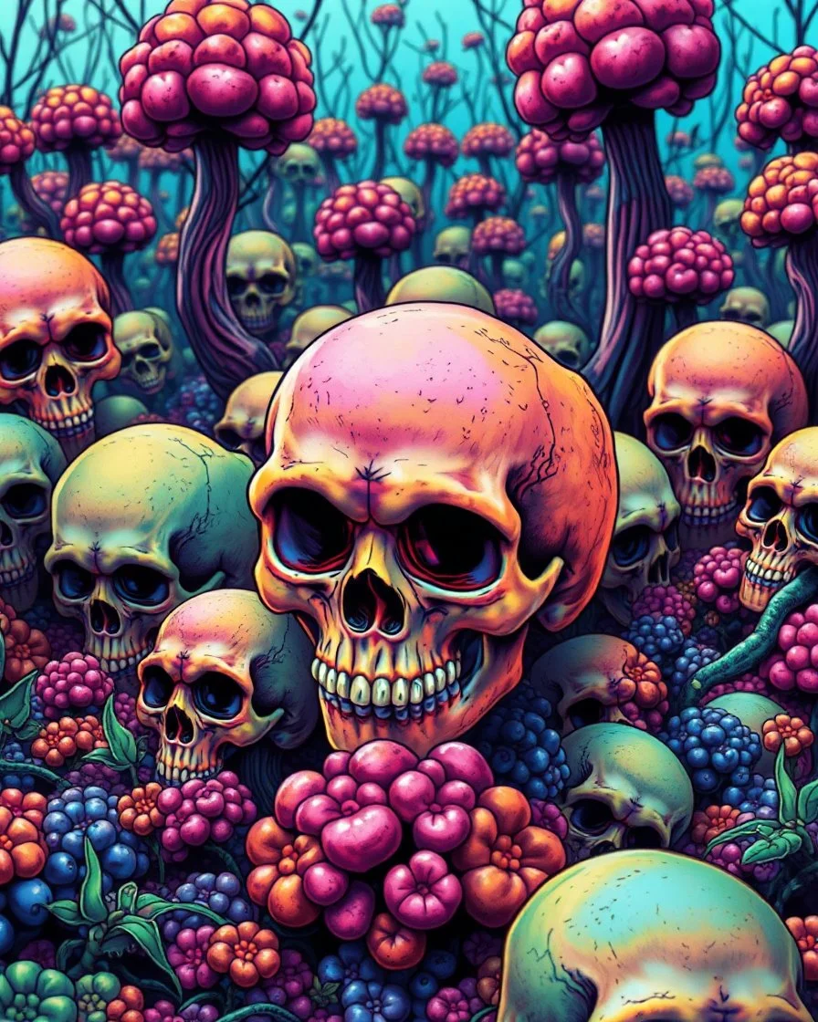 a field of skulls growing from the ground like fungus, multi colored, bright, vivid, psychedelic high detailed, matte, bunches and bubbled up clumps, horrorcore, vines