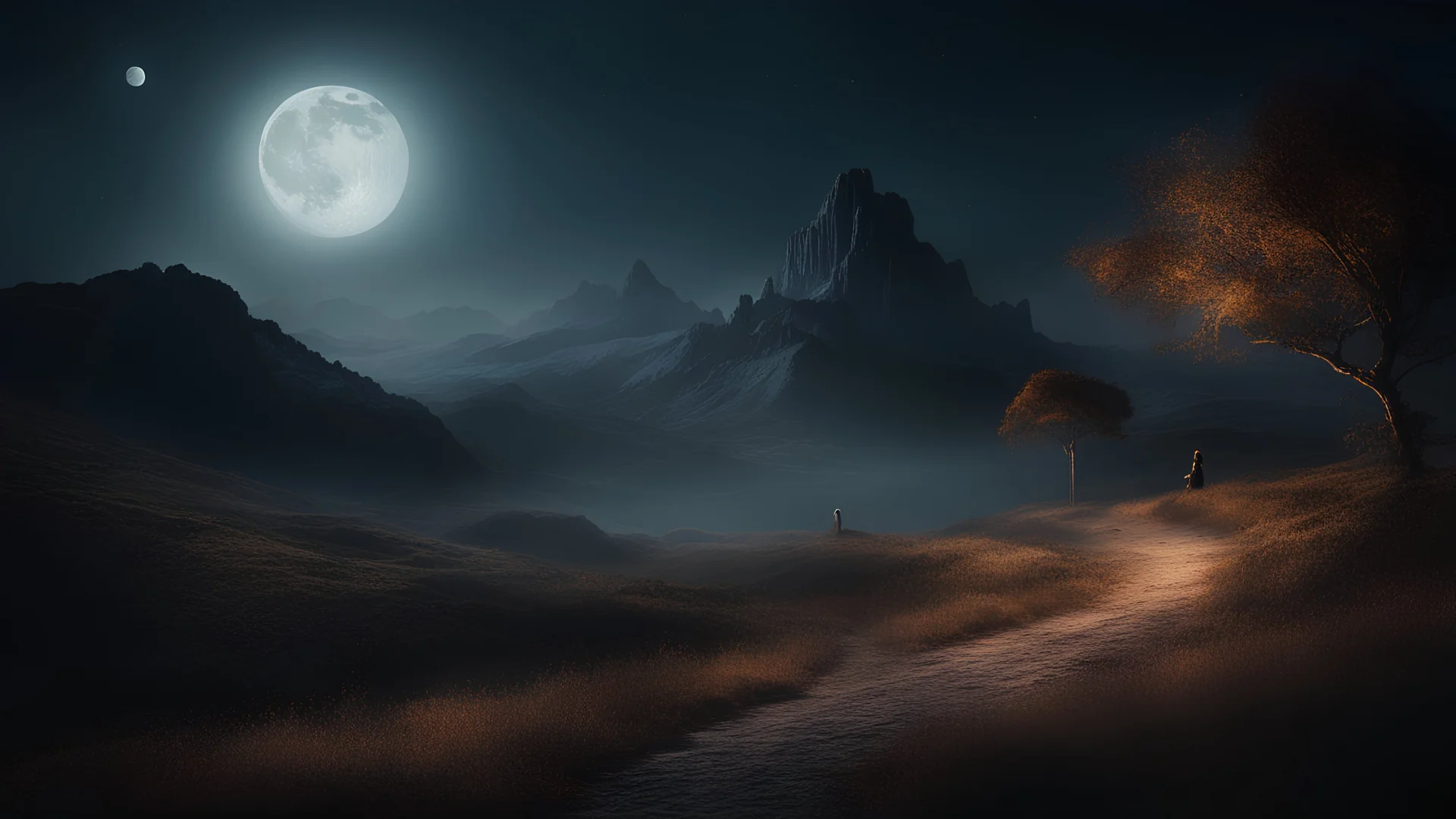 dream world, calm beauty, fantasy world, magic, night, darkness, splendor, uplifting, inspiring, therapeutic, moonlight, chiaroscuro, color, award-winning colour photograph, beautiful composition, Nikon 85mm