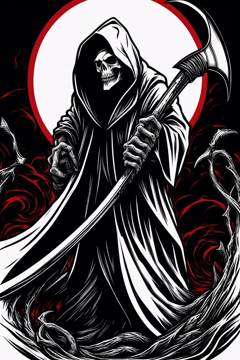 hooded Grim-Reaper gripping scythe, vignette, black and white graphic novel style with a red outline, and black background,