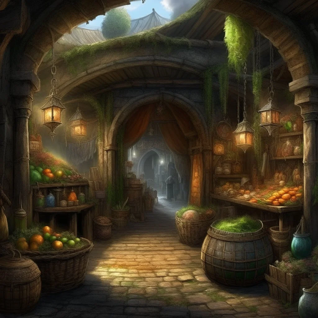 The age old entrance portal to a market for magical items. Magical, Epic. Dramatic, highly detailed, digital painting, masterpiece, lord of the rings, the hobbit