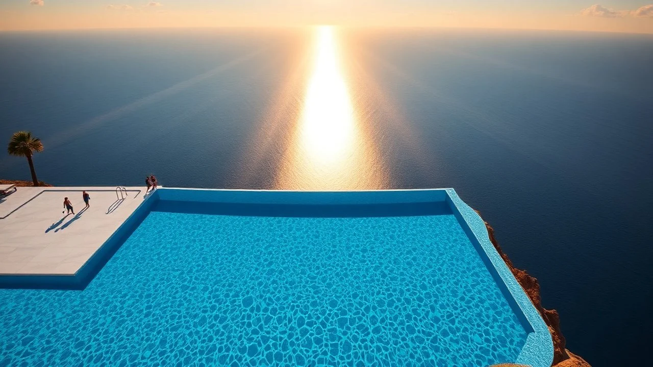 majestic infinity pool merging seamlessly with the ocean horizon, impossibly crystal blue water surface reflecting the sky like a perfect mirror, creating the illusion of swimming between two atmospheres, minimalist white marble platform appearing to float above the cliff, tiny human figures at the edge adding dramatic scale to the immensity, sunbeams piercing the water creating hypnotic light patterns in the background, solitary palm trees casting elongated shadows at sunset, ultra-modern archi