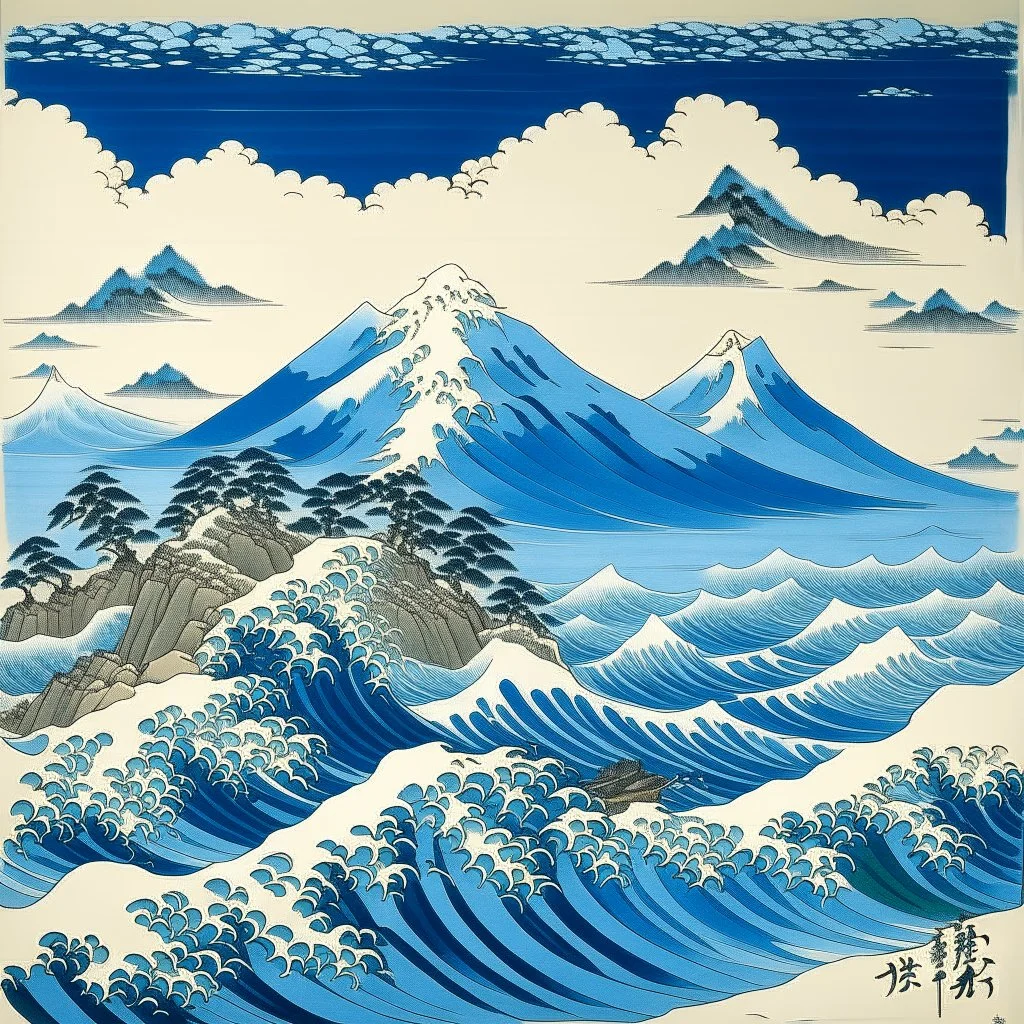 A light blue island with raging waves painted by Katsushika Hokusai