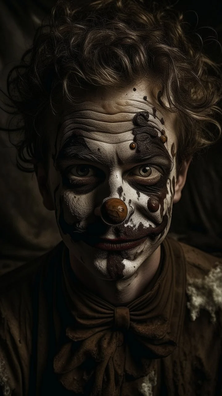 Texture made of coffee powder and dirt of a clown has bad painting of dark brown color on his face