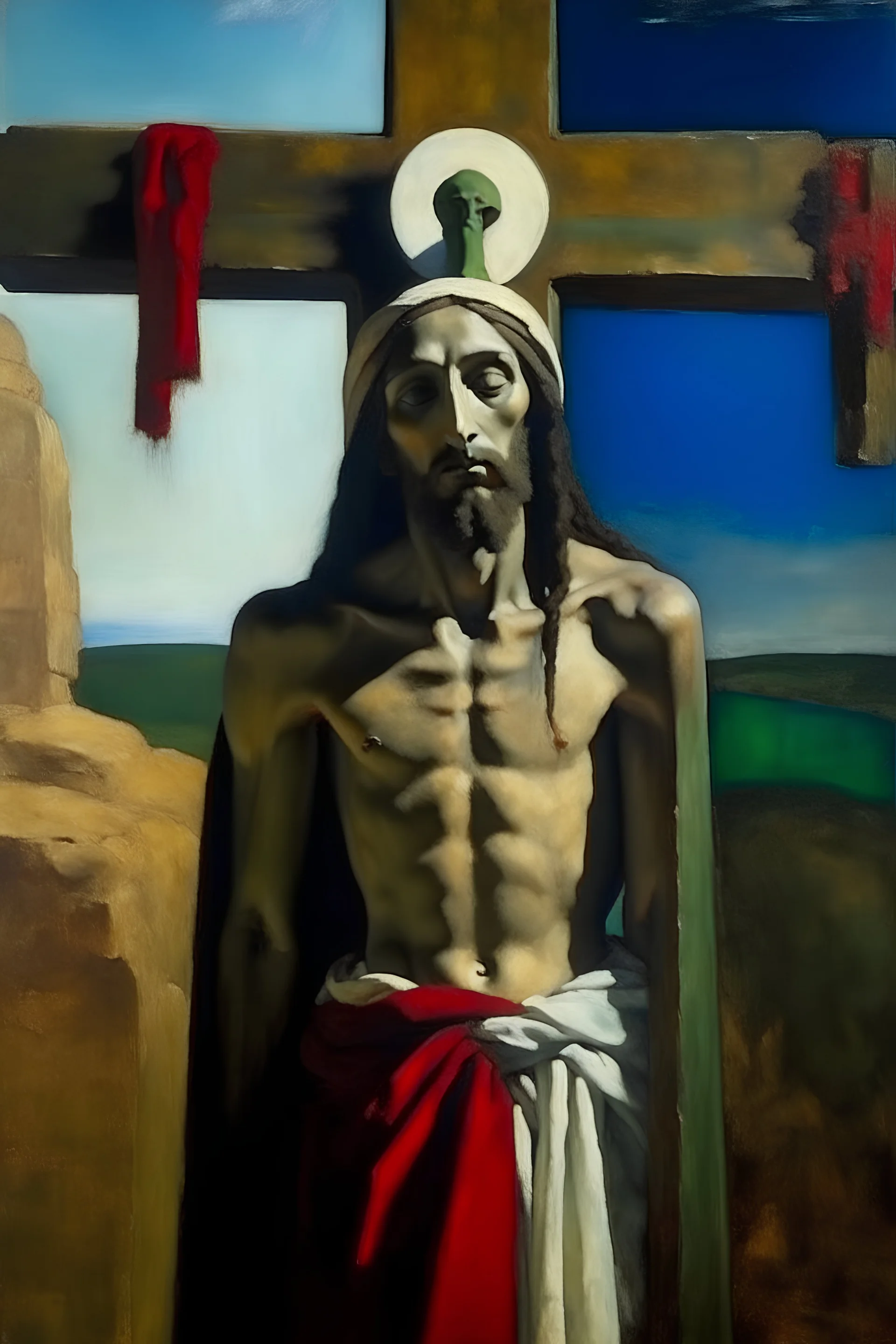 a painting of Jesus on the cross in the style Paul Gauguin mixed with the style of a painting by Andrew Wyeth