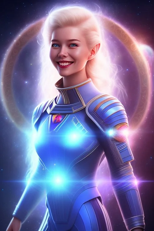 young cosmic woman smile, admiral from the future, one fine whole face, large cosmic forehead, crystalline skin, expressive blue eyes,rainbow hair, smiling lips, very nice smile, costume pleiadian, Beautiful tall woman pleiadian Galactic commander, ship, perfect datailed golden galactic suit, high rank, long blond hair, hand whit five perfect detailed finger, amazing big blue eyes, smilling mouth, high drfinition lips, cosmic happiness, bright colors, blue, pink, gold, jewels, realist