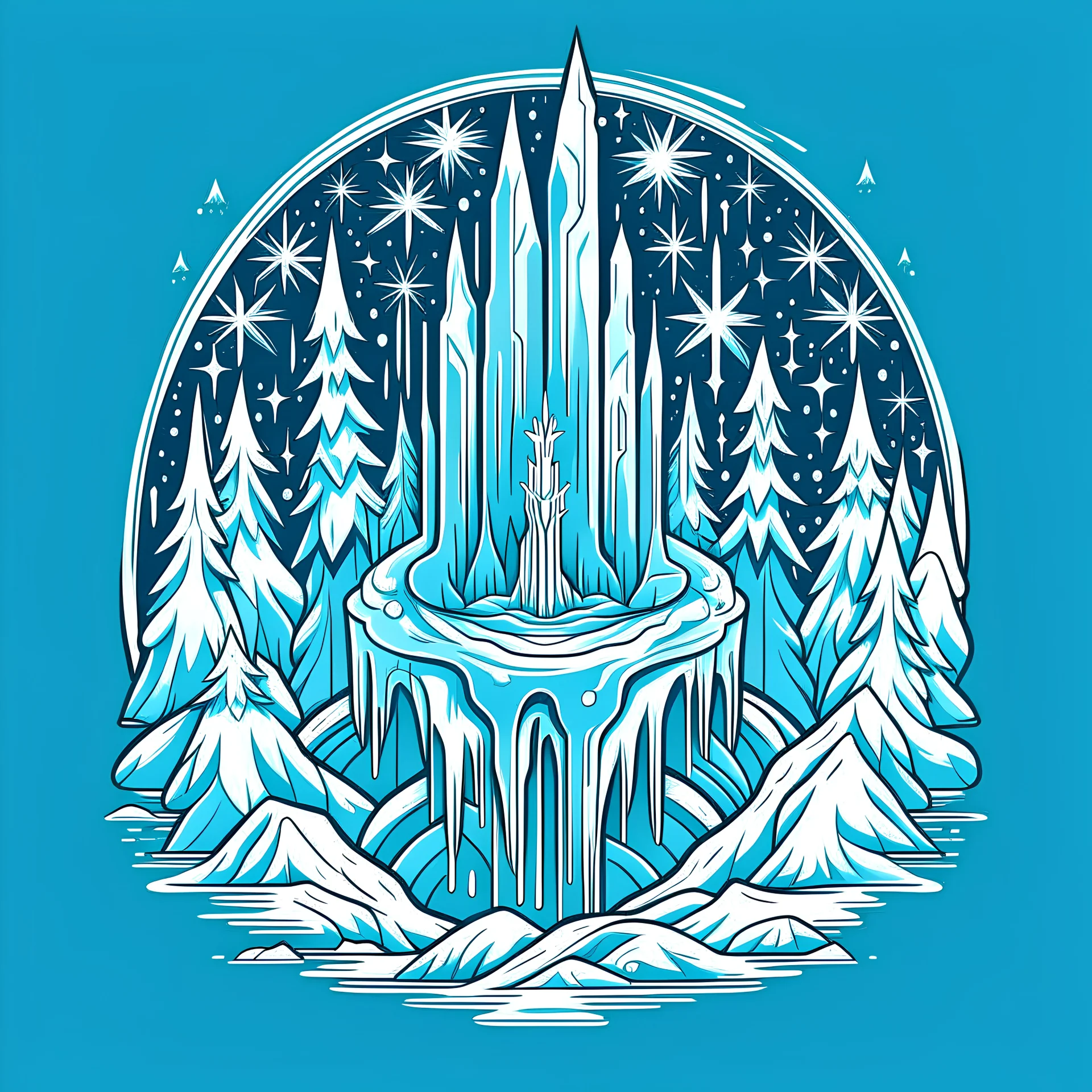 Create a featuring enchanting ice castles surrounded by snow-covered trees, embodying the magic of winter, vector, t-shirt design