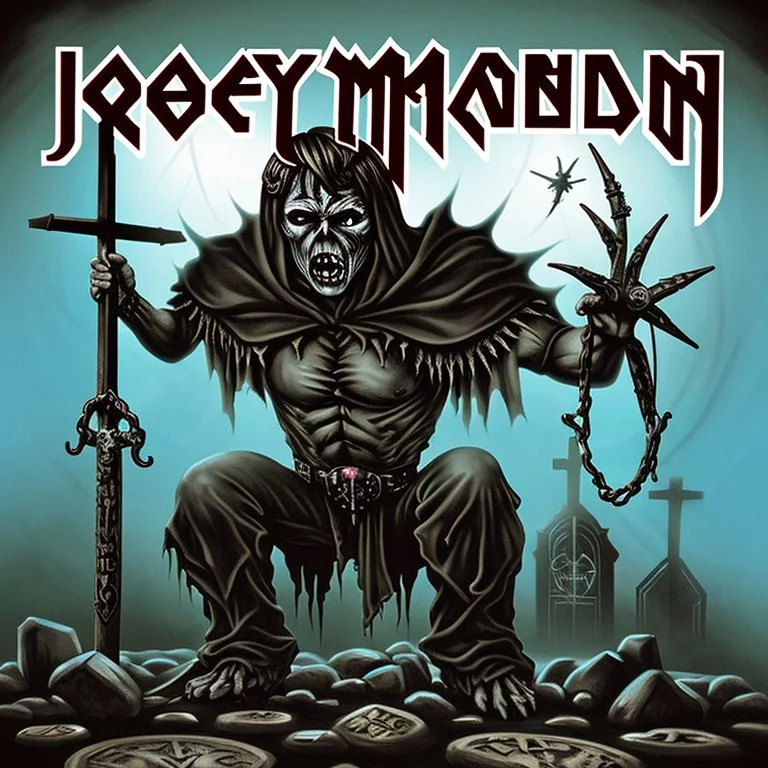 heavy metal album cover for "IRON MAIDEN" band titled "CHURCH OF MADNESS", featuring Iron Maiden mascot "Eddie", "eddie" in priest outfit, Derek Riggs artist, Iron Maiden font for text