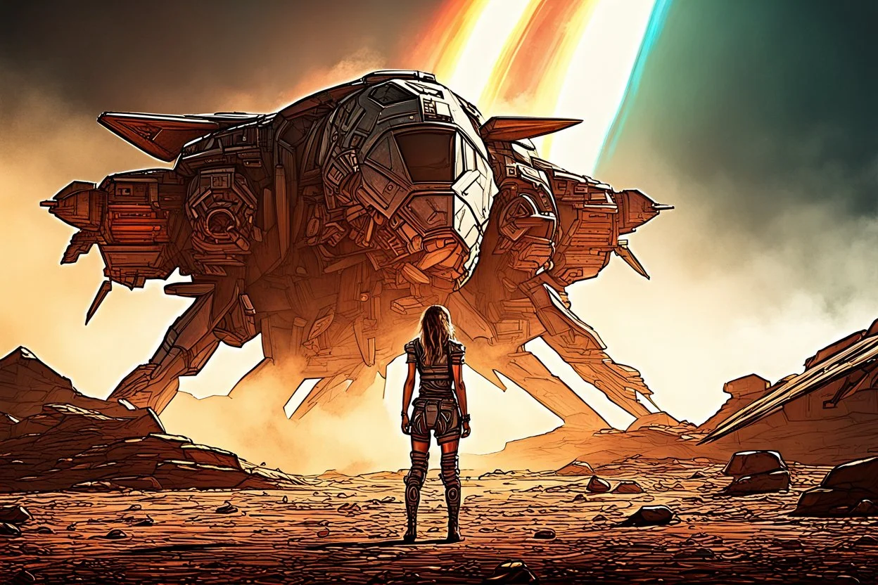 Beautiful girl with rainbow eyes, tribal warrior, strong, resilient, defiant, full body, with family of 5 beside her, defending, Masterpiece, best quality, cinematic lighting, futuristic, standing in front of crashed spaceship, tough stance.