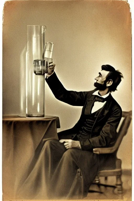 Abraham Lincoln removing the top from a glass vial containing water vintage photography, beautiful, Tumblr aesthetic, retro vintage style, HD photography, hyperrealism