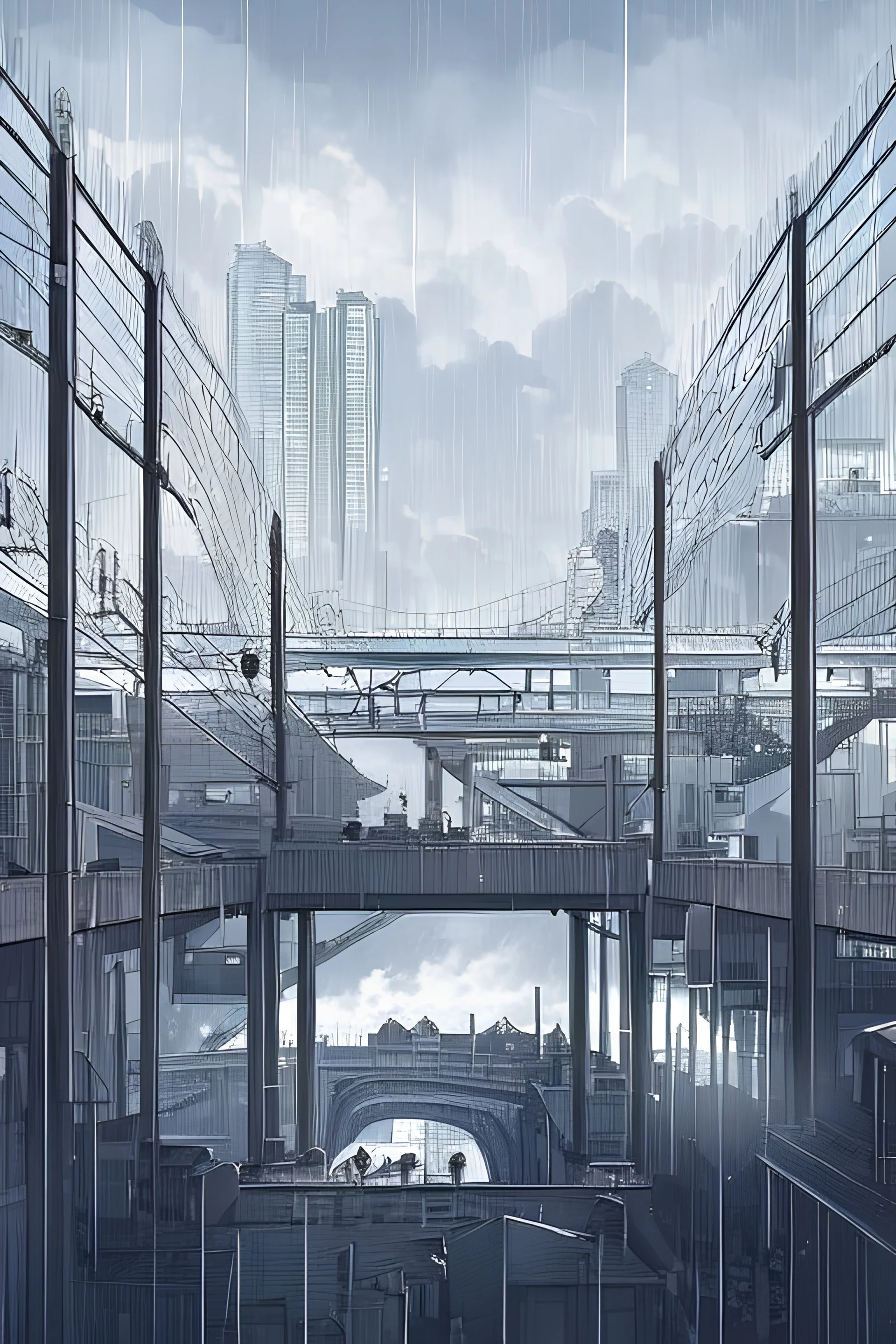 View from the bridge, three high-rise buildings, roofs of high-rise buildings in the clouds, small buildings around, fog, cloudy, gray tones, rain, railway under the bridge, rear view of a girl, black raincoat, red hair, long hair, bare legs, white socks