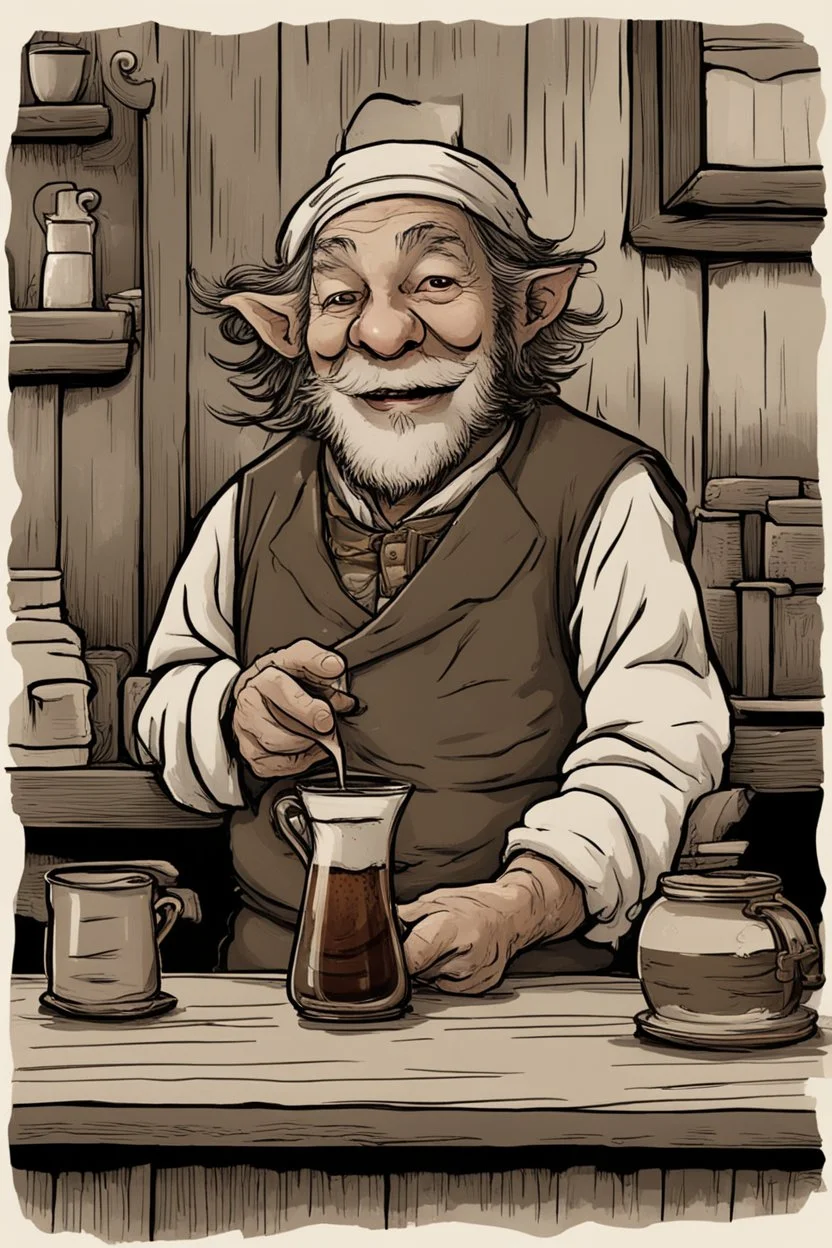 [coffee] In the Inn, the smiling hobbit worked behind the bar. Though small in stature, none was more joyful in service. His eyes, bright as sunrise and always upturned in mirth, inspected beans from distant lands. From the machine poured drinks like liquid gold. Each shot drew from him a chuckling sniff, scents of exotic hills filling his head. With care he textured cream, lips still smiling as lofty peaks crowned. Patrons gathered round pots steaming, laughter echoing as in a hobbit-h