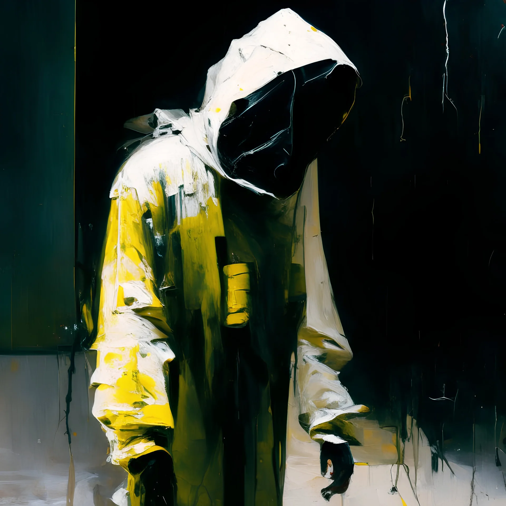 Minimal contemporary abstract oil paintings close up person wearing hazmat suit limbs sinew and concrete fragments illuminated at night style of Justin Mortimer And Francis bacon And ashley wood