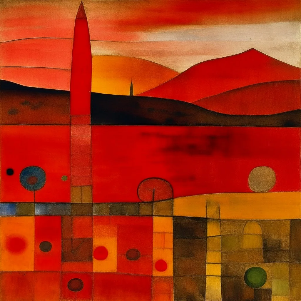 A red fiery badlands painted by Paul Klee