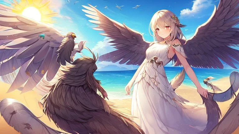 Highly detailed medium shot of a bird, sand, hot, cute, feathers, wings, tail, sun, large, dress