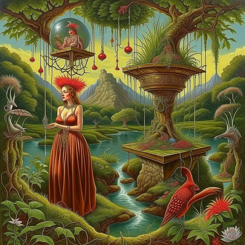 strange hanging garden, surreal meander style of Michael Cheval, eerie, smooth, trending on Artstation, 16k, intricate detail, hypersurreal.