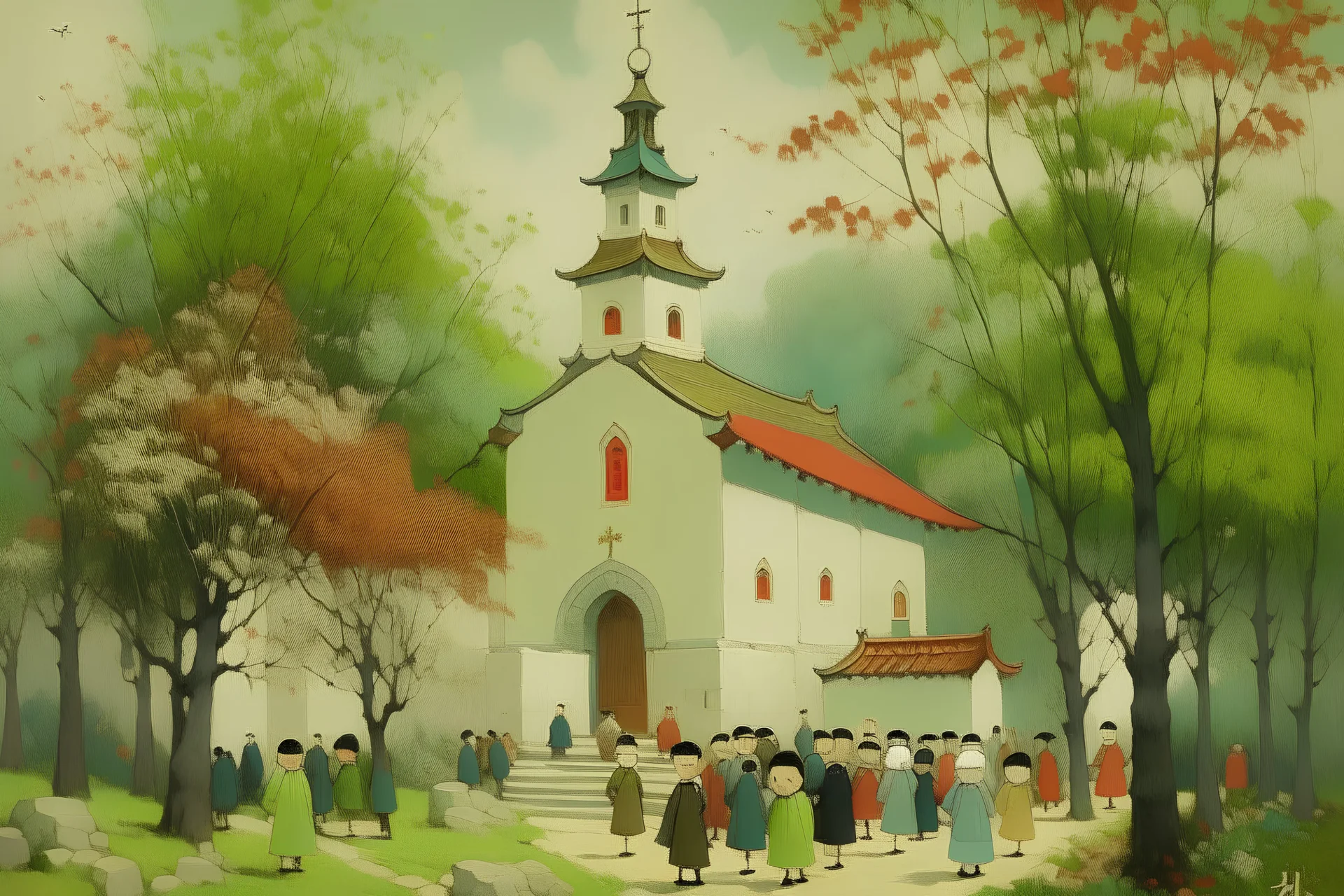 A church of life in daylight painted by Qiu Ying