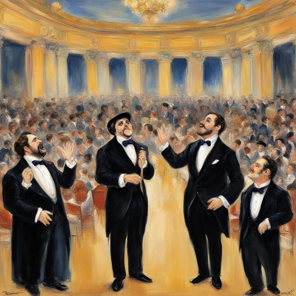 Tribute to opera, from perspective of the stage the Three Tenors in front of adoring opera crowd at the Met opera house, high society black tie affair, opera motifs and aesthetic, beautiful elegant impressionist painting by Renoir, loose brush strokes, colorful, dramatic, Pavoratti, Domingo, Carreras