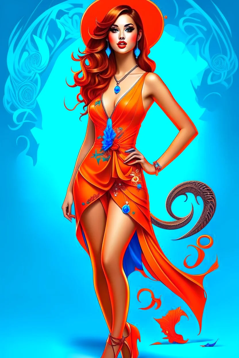 Full body of beautiful girl nami, Hair Color: Orange, Style: Wavy, Outfit Top: Blue, Outfit Bottom: Orange, Shoes: Brown, Accessories: Tangerine, Weapon: Clima-Tact, Hat: Straw, Tattoo: Pinwheel, Earrings: Hoops, sophisticated,, beautiful woman, hyper realistic, hyperrealism, photoreal, realistic, photorealistic, soft pastels, full-body, standing, long shot, wide angle, aesthetic