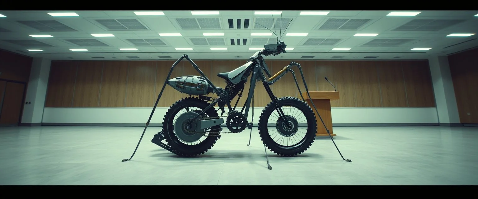 pinhole cam, airbrush 3d rendering, on tv screen:A five-second cinematic single take in a clean industrial presentation hall. A bizarre mechanically plausible tracked bicycle machine stands beside a presentation podium, designed to look like a giant mechanical praying mantis. Two large bicycle wheels form its main body and four thin articulated mechanical legs support it. Two long folded mechanical front arms resemble mantis forelegs, huge head and arms