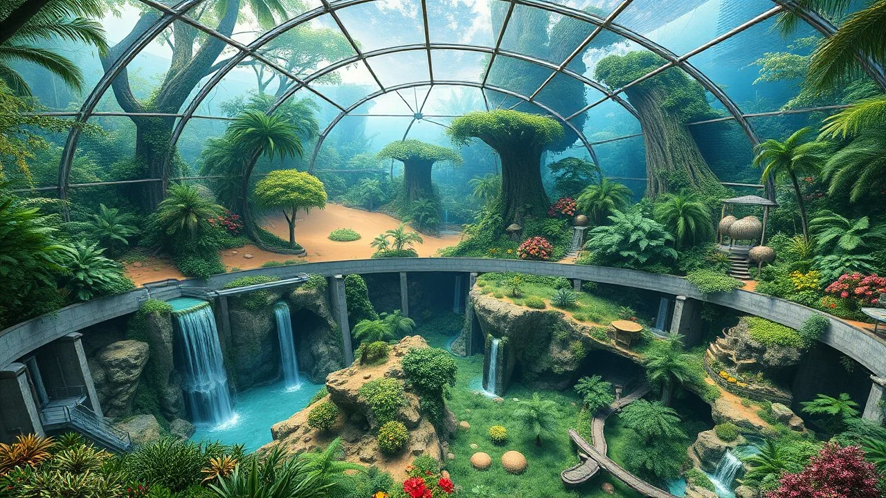 *Biome Chambers**: The Eco-Sphere Gardens are divided into vast chambers, each meticulously designed to mimic a specific Earth biome. These include tropical rainforests with towering canopies, arid deserts with sand dunes and crystal formations, lush alpine meadows with waterfall-fed streams, and dense aquatic habitats with diverse marine life. Each chamber is carefully controlled to maintain optimal conditions for the flora and fauna that thrive within.