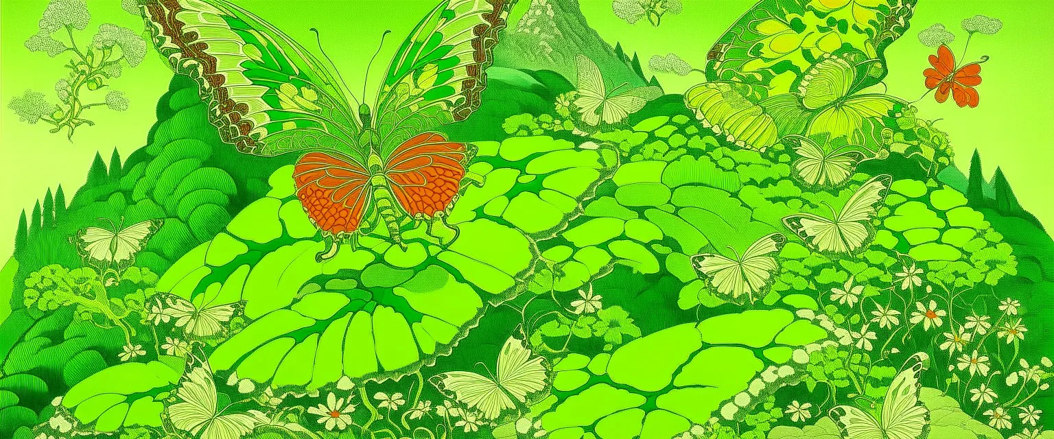 A lime green kingdom with butterflies painted by Katsushika Hokusai