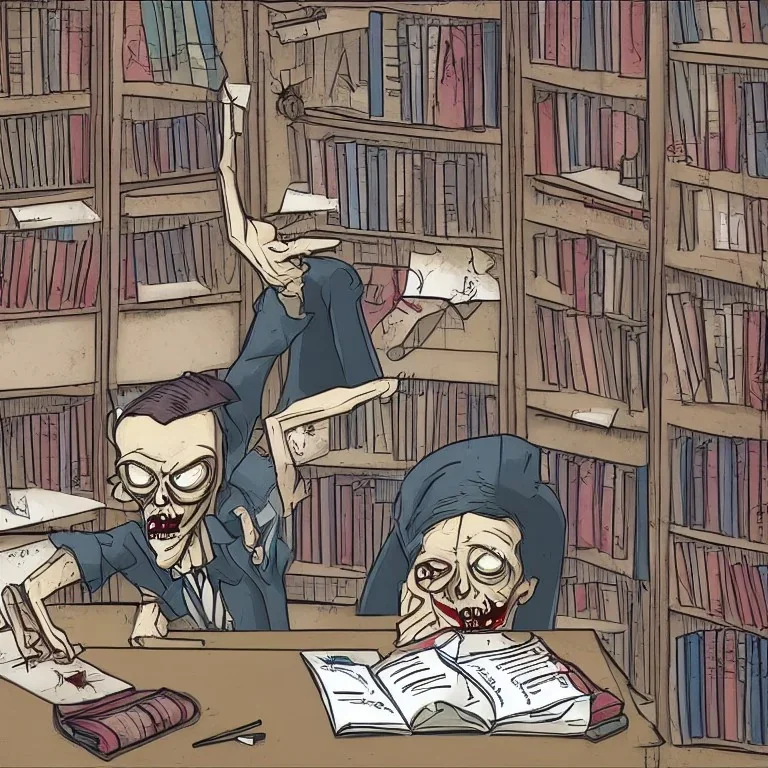 Un zombi estudiando matemáticas en una biblioteca