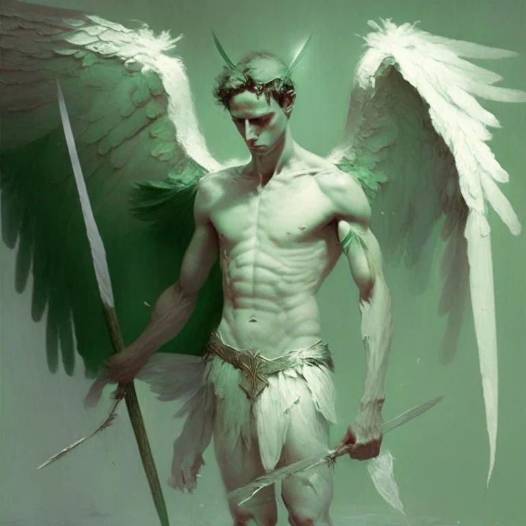 hombre angel caido con piel verde palido y alas blancas con una lanza en sus manos