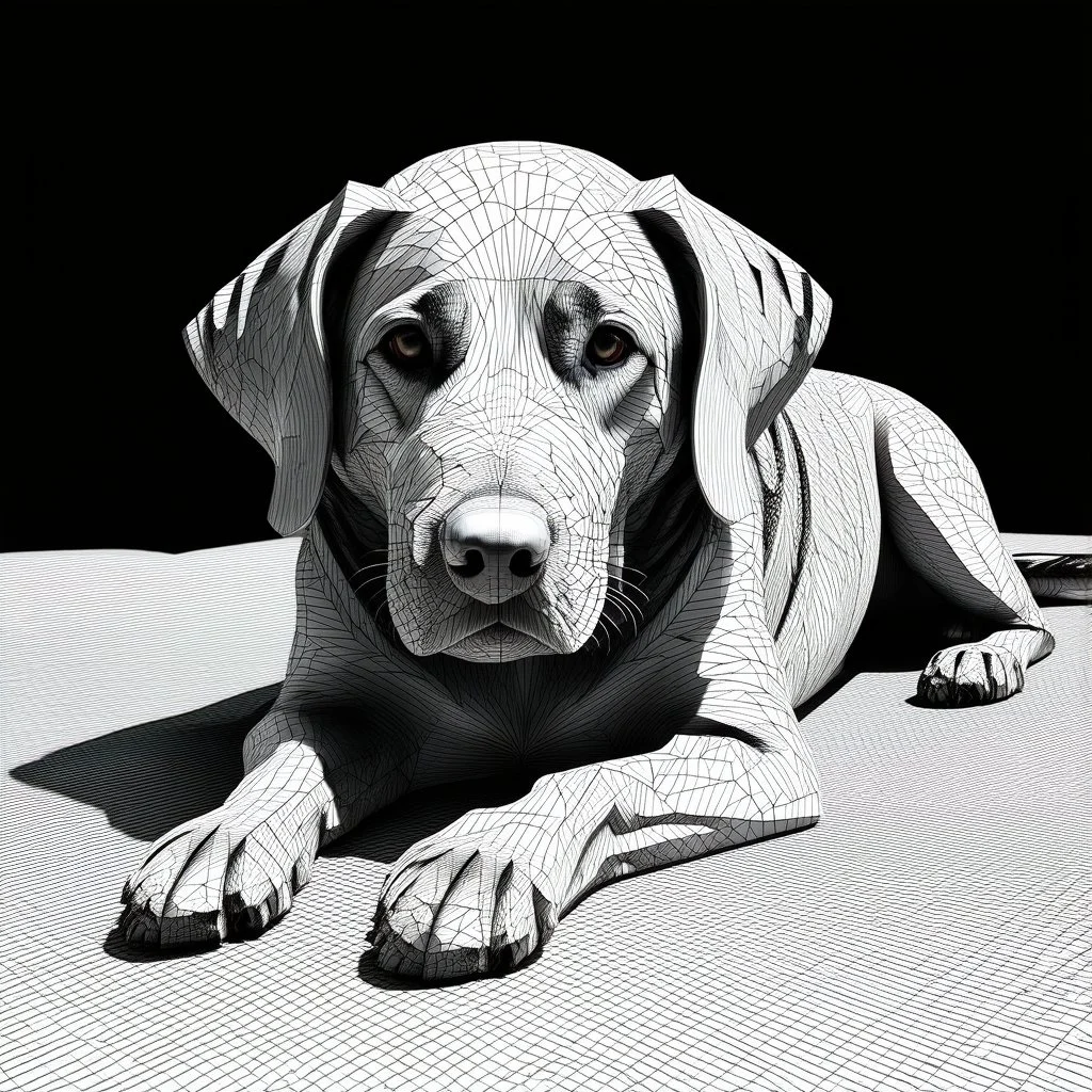 a black and white 3D image of a light brown labrador lying down, surreal and otherworldly, intricate linework, mind-bending composition, intricate patterns in the fur,masterful use of light and shadow,masterful use of light and shadow,masterful use of light and shadow, dreamlike quality, detailed linework akin to Moebius, intricate details, vibrant and contrasting colors, Artstation for showcasing.