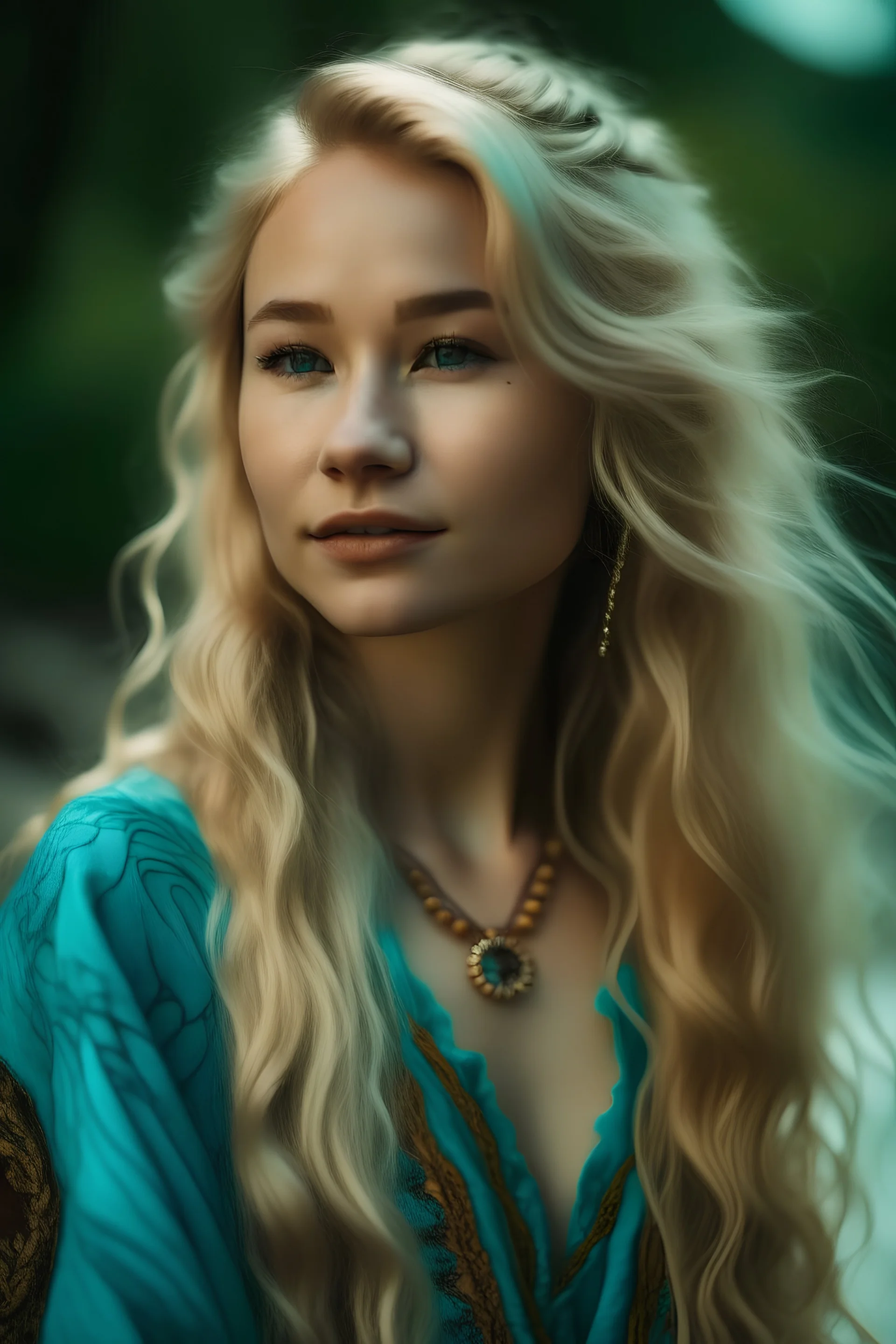 portrait of a beautiful Norwegian-asian woman, super long blond hair, warm-hearted, goddess, turquoise