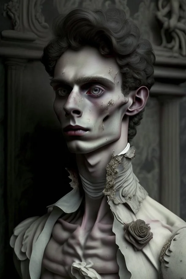 cursed young man from a royal familly victorian times whose skin looks like stone sculpture