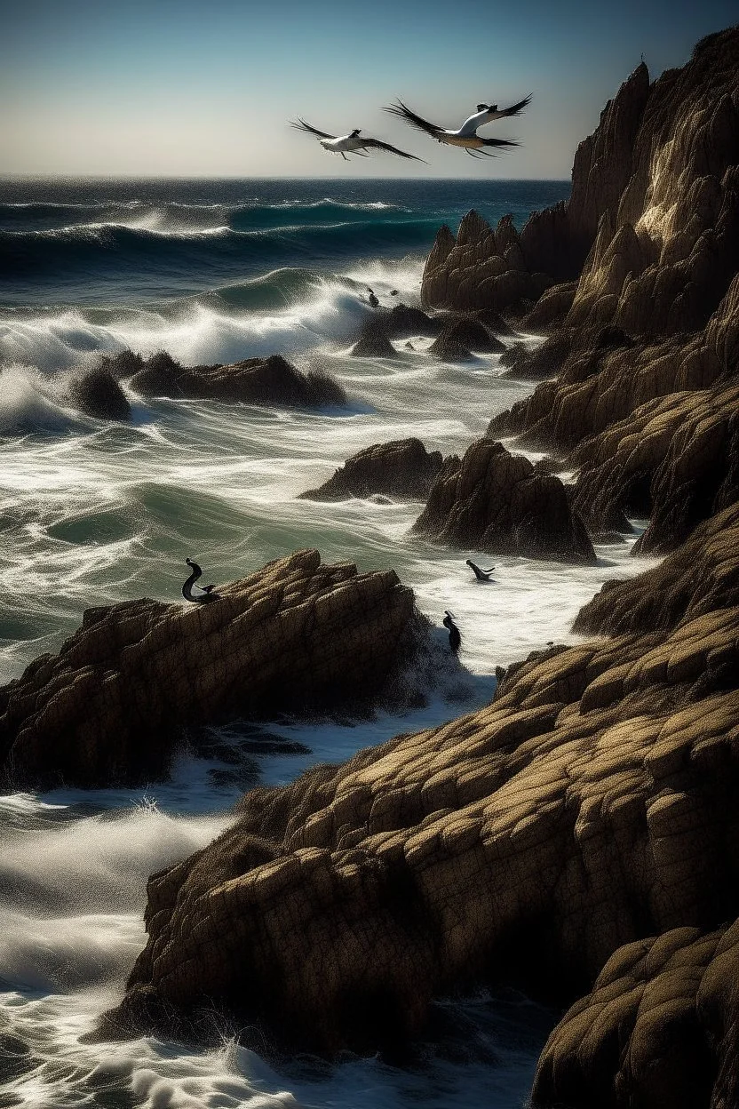 Generate an image of a serene coastal scene with a group of seabirds resting on rocky cliffs overlooking the ocean. Capture the birds in various states, some in flight, some perched, and others gliding above the waves. Highlight the rugged coastal landscape and the interplay of light and shadow.