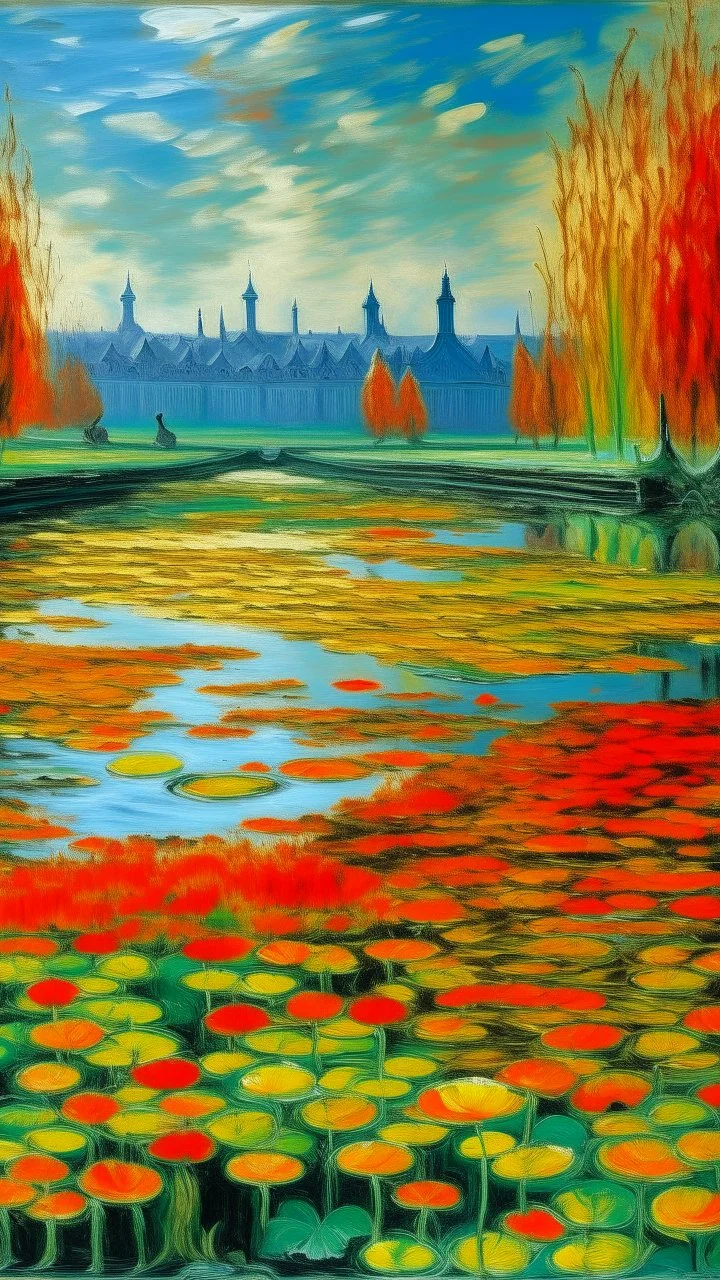 A green swamp with fiery orange lilies near a city painted by Claude Monet