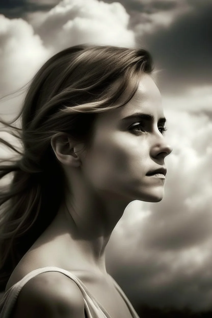 emma watson : The contours of the woman are crafted from dense yet delicate clouds, making her appear goddess-like as she seemingly floats weightlessly in the sky. Boundless Harmony: The amalgamation of clouds forms a feminine figure seamlessly merging with the surroun