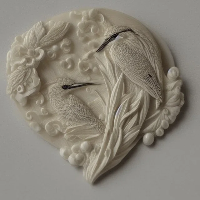 ivory brooch of a kingfisher, decorative design, classical ornament, highly ornate, highly intricate, highly detailed etching, marble carving, warm lighting, linen backdrop