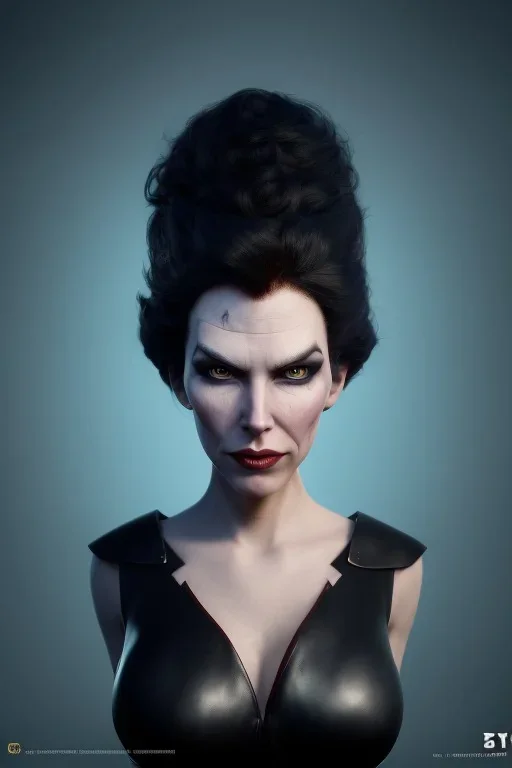 Lene Nystrøm as evil queen in black leather, busty, cleavage, voluptuous, Aqua Lene, angry, stern look. character design by cory loftis, fenghua zhong, ryohei hase, ismail inceoglu and ruan jia. unreal engine 5, artistic lighting, highly detailed, photorealistic, fantasy