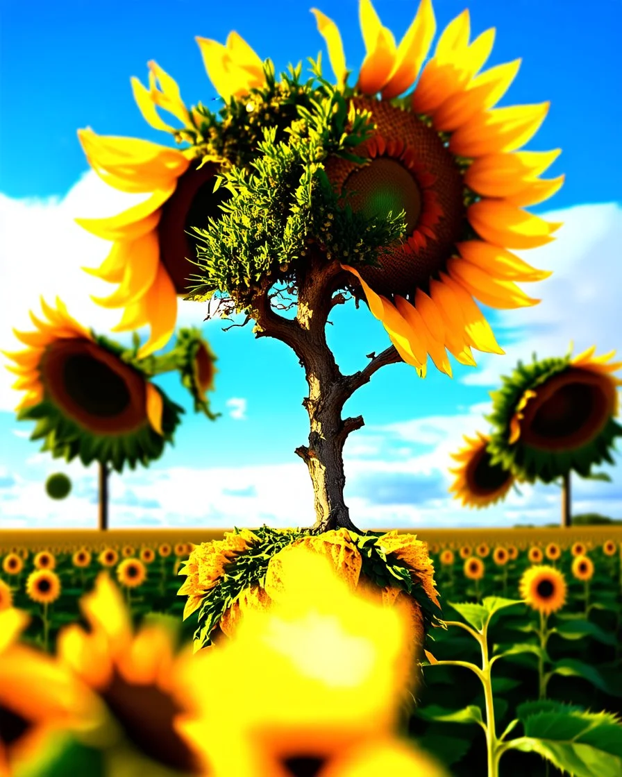an ancient olive tree in the center of a sunflower field in in impasto style , golden light hour, blue sky full of cotton clouds, simple, peacefull, hyperrealistic --style raw --stylize 750 Modifiers: elegant 8k oil on canvas cinematic lighting very attractive beautiful dynamic lighting fantastic view close up Unreal Engine cinematic postprocessing acrylic art Surrealism Impressionist luminism Craig Rutkowski Tesselated 8k beautiful cinematic lighting elegant very attractive oil on canvas beauti
