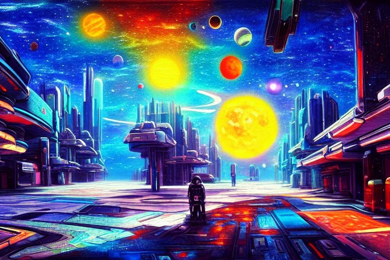 Epic space Cyberpunk street, exoplanet in the sky, impressionism painting