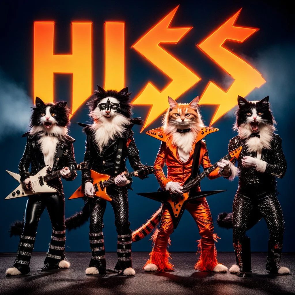 Four cats dressed as KISS band members, each with iconic black-and-white face paint and rock costumes, standing in a dramatic pose under the word 'HISS' in bold orange-yellow gradient letters with lightning bolt-style 'S', parody style, humorous and theatrical atmosphere, studio lighting, sharp details.