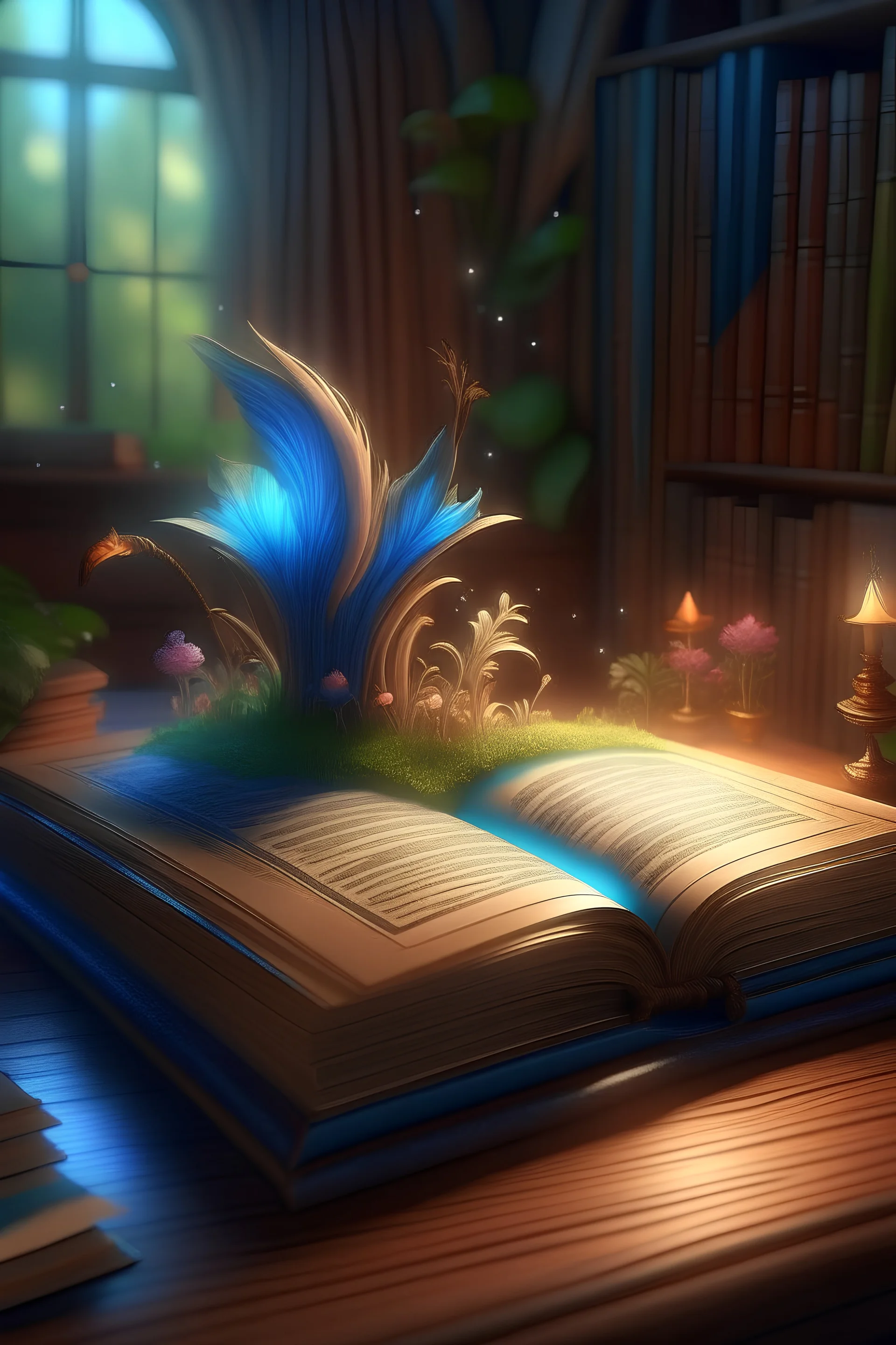 A lovely old 3D magical book on a table in a house, the picture on the pages of a fairytail garden, beautiful fairy is raising up out of the pages and coming to life, shining metallic colours, fantasy, sparkling, background based on artstation, digital painting, poster, photo-realistic,mystical style, fairy tale style, ultra detailed artistic, 8k digital masterpiece by Anna dittman and Ruan Jia and Alberto seveso.