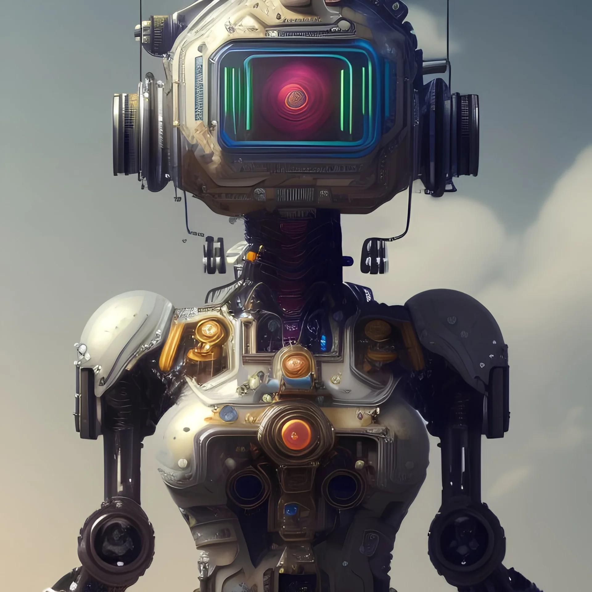 a beautiful full frame portrait digital painting of futuristic gaspunk robot, wide angle view, close-up, macro lens, centered camera, titanium accents, intricate details, small minutiae, tiny features, particulars, colorful, 8k, least ambient occlusion, volumetric lighting, volumetric clouds