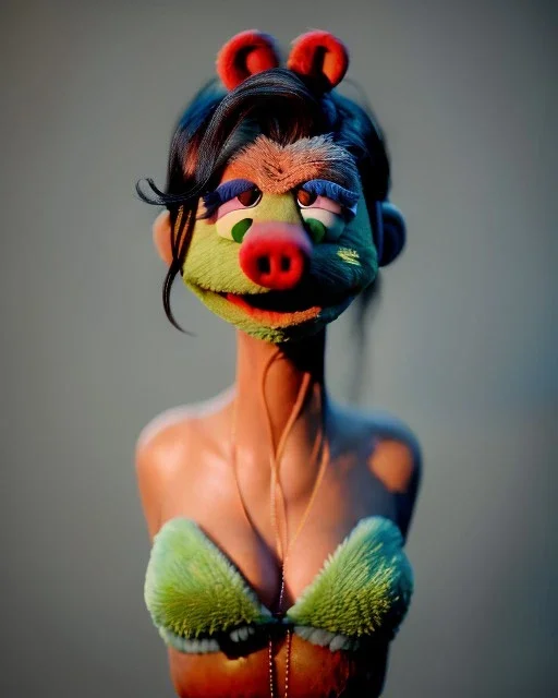 Realistic image, hybrid, sexy woman body, muppet Sesame Street head, portrait, concept art, smooth, unreal engine 5, god lights, ray tracing, RTX, lumen lighting, ultra detail, volumetric lighting, 3d, finely drawn, high definition, 4k.