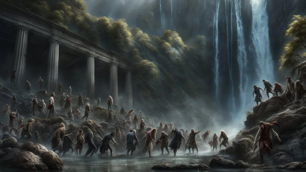 a pile of rotting zombies at the foot of a 3.000 feet high waterfall. fantasy setting, horror. exquisite realism, a masterpiece, fantasy concept art, dynamic lighting, hyperdetailed, intricately detailed, deep color, Unreal Engine, volumetric lighting, Epic cinematic brilliant stunning intricate meticulously detailed dramatic atmospheric maximalist digital matte painting