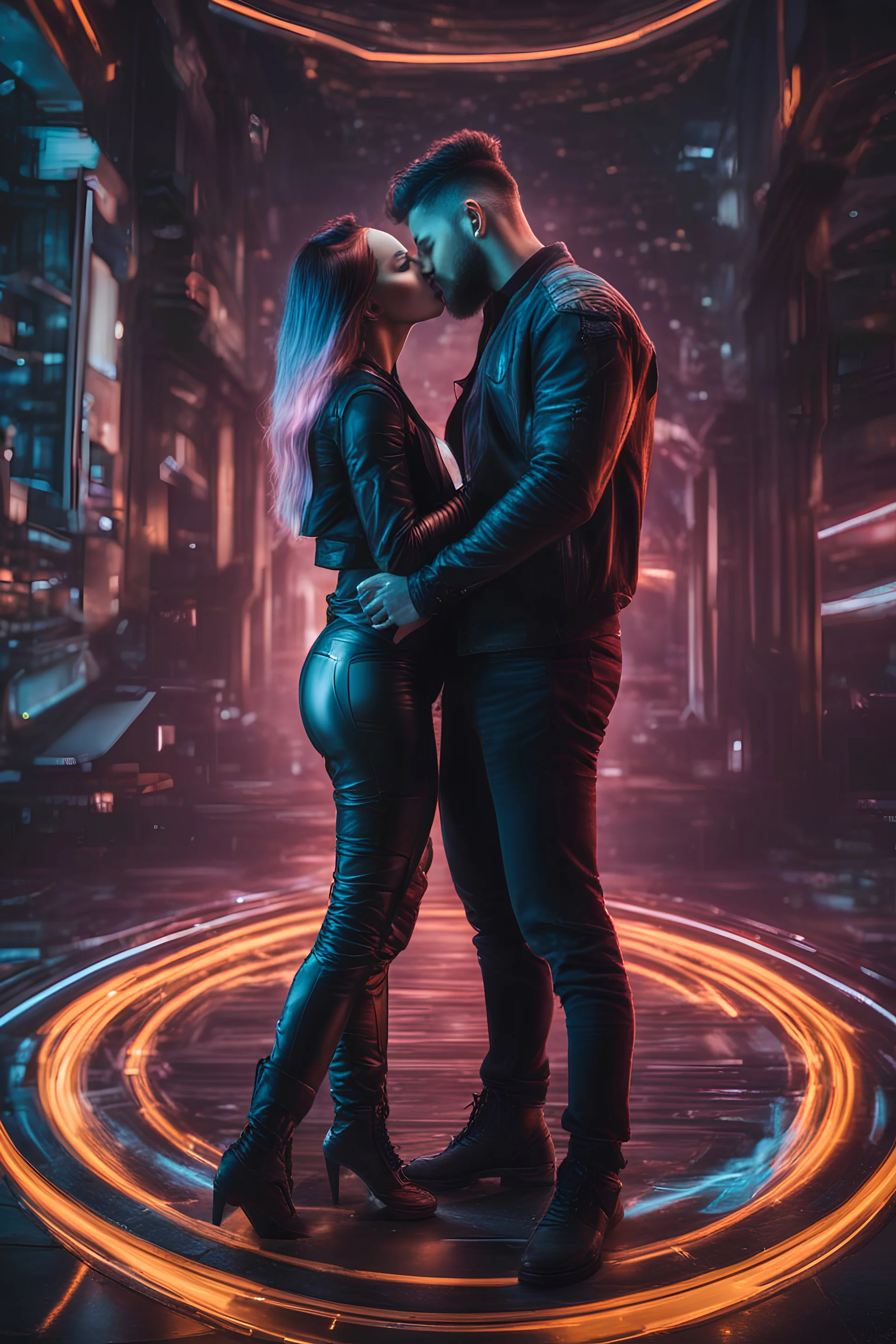 "Ultra realistic full body shot a Happy couple kiss concept, looking at the camera,full legs, cyberpunk, neo-figurative,concept ,full length view, face , full size, science, technology,future,electric ,futuristic style, design, practicality,manufacturability,performance, HOF, professional photographer, captured with professional DSLR camera, trending on Artstation, 64k, full size, ultra detailed, ultra accurate detailed, boke