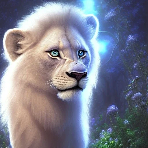 pixar style, fairy garden environment and background, realistic painting of white lion, sparkling blue crystal on forehead, looking excited, volumetric lighting, dramatic lighting, detailed digital painting, extreme dense and fine fur, ornate, colour-washed colors, elegant, small minutiae, tiny features, particulars, centered, smooth, sharp focus, Renderman gofer render, 8k, uhd, detailed eyes, realistic shaded volumetric lighting, sunlight caustics, backlight, centered camera