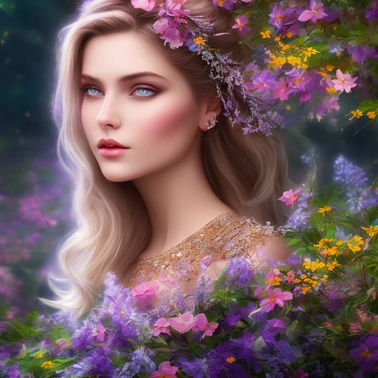 bright fairy, beautiful portrait, flowery landscape