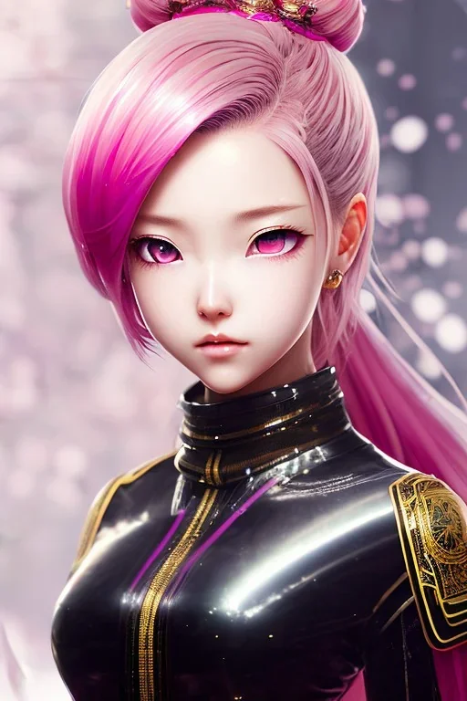 Detailed cute anime Kunoichi girl, pink hair buns, pink bangs, black latex bodysuit, intricate details, full body portrait, keep head in frame, slight smile, black Japanese motif, concept art, highly detailed, digital painting, concept art, sharp focus, illustration, art by Yoji Shinkawa, WLOP and greg rutkowski and alphonse mucha and artgerm and yanjun Chen and Junji ito and Makoto Shinkai, HDR, octane render