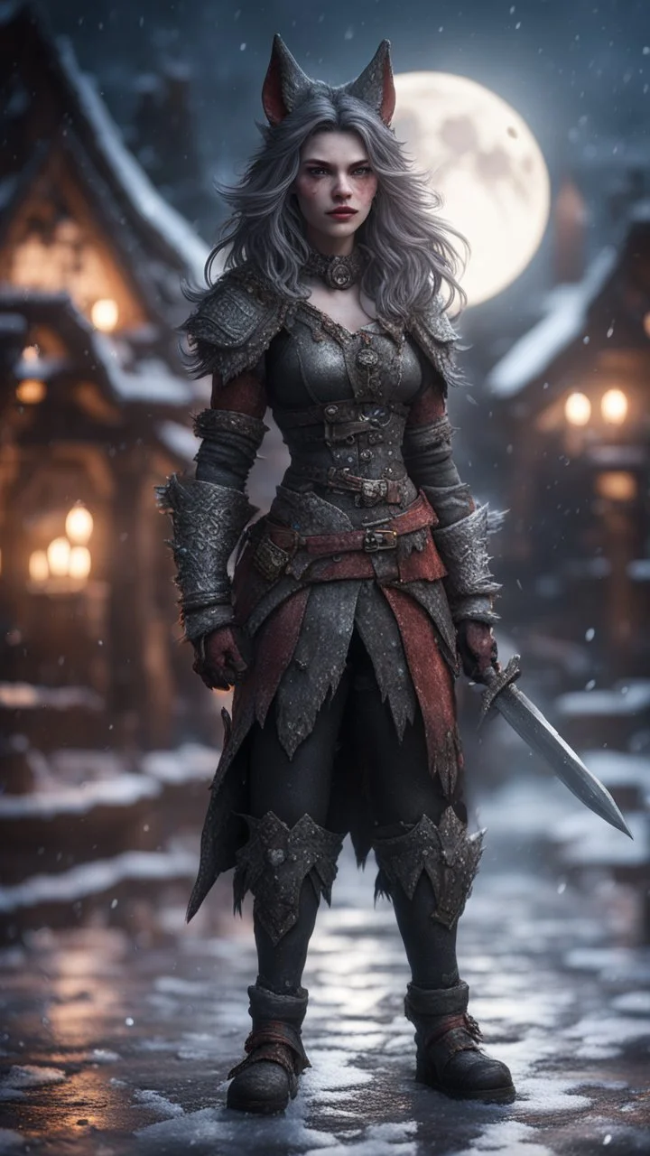 wolfs mane,moon, full figure with metallic stone gauntlets holding dark jagged dagger, standing on frozen wet tiled floor outside fantasy tavern, focused female brownie vampire gnome from worms armageddon wearing makeup, bokeh like f/0.8, tilt-shift lens 8k, high detail, smooth render, down-light, unreal engine, prize winning